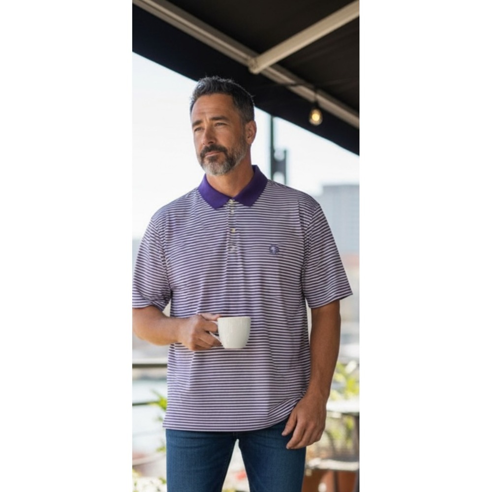 Peter Millar Mens Polo Shirt Purple White Stripe Short Sleeve Golf Casual Size L